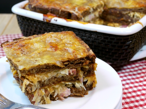 Leftover Holiday Ham Strata Reuben Style cut piece