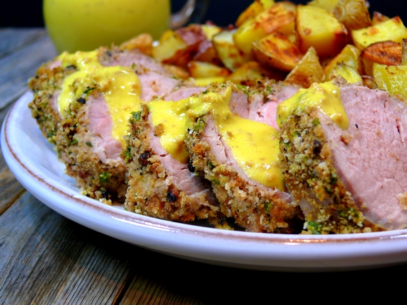 Pepper Crusted Pork Tenderloin with Creamy Mustard Sauce side view