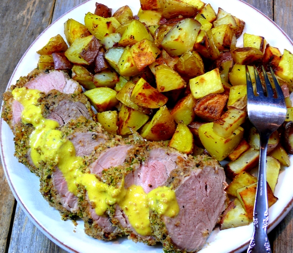 Pepper Crusted Pork Tenderloin with Creamy Mustard Sauce top view
