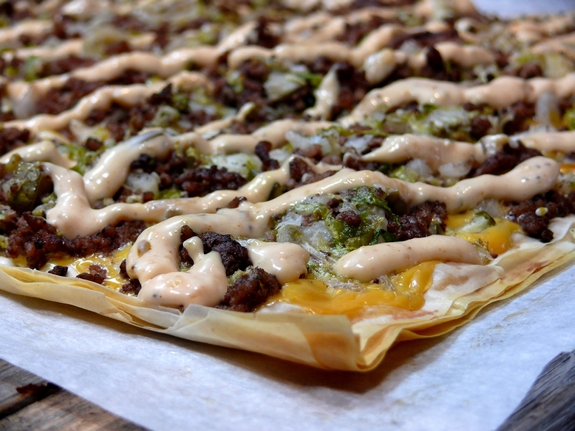 Cheeseburger Fillo Squares with Copycat Big Mac Sauce whole