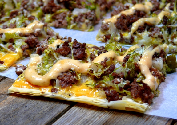 Cheeseburger Fillo Squares with Copycat Big Mac Sauce