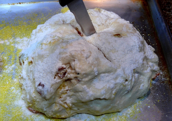 Easy Artisan Bacon Cheese Bread scoring