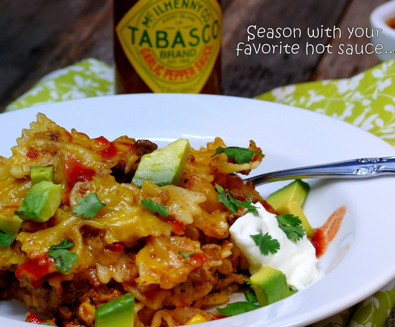 VIDEO + Recipe: Garnish this MEXICAN BOWTIE PASTA BAKE with fresh avocado, sour cream, cilantro and a favorite hot sauce. Makes for great leftovers too from NoblePig.com. #noblepig #cincodemayo #pasta #casserole #mexican