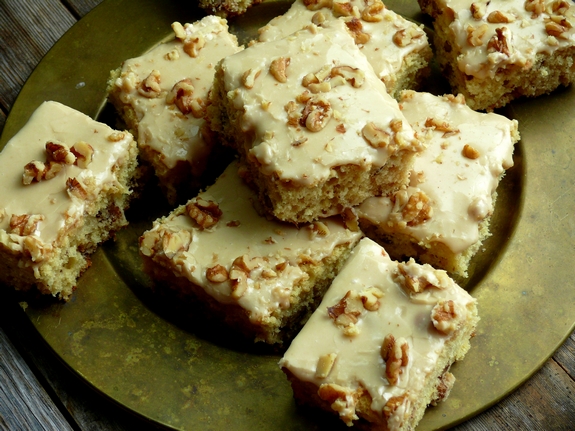 ButtermilkWalnut Snack Cake with Praline Frosting Perfect with Coffee