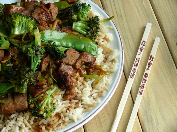 Italian Sausage Rice Bowl with chopsticks