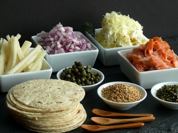 Smoked Salmon Brunch Taco Bar layout of ingredients
