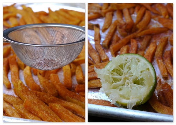 Smokey Sweet Potato Fry and Black Bean Tacos with Maple Jalapeno Cream adding seasoning