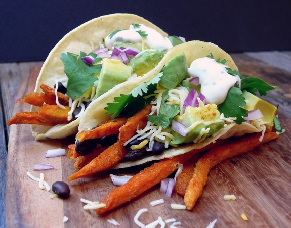 Smokey Sweet Potato Fry and Black Bean Tacos with Maple Jalapeno Cream vegetarian