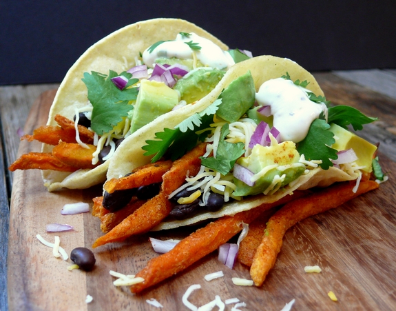 Smokey Sweet Potato Fry and Black Bean Tacos with Maple Jalapeno Cream