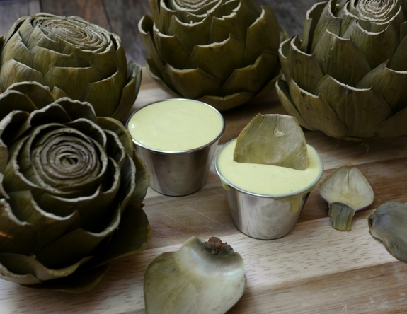 Steamed Artichokes with Garlic Orange Basil Cream Dipping Sauce