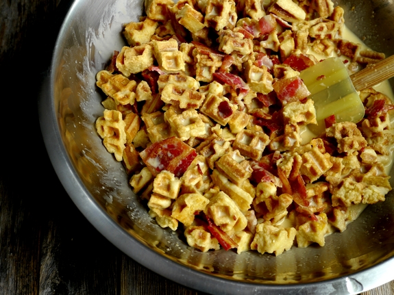 Maple Bacon Waffle Bread Pudding mixture