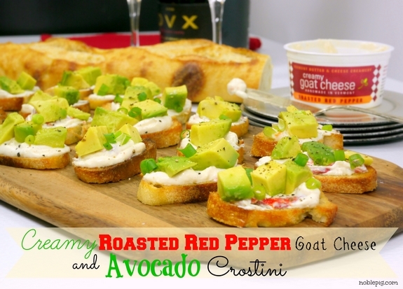 Creamy Roasted Red Pepper Goat Cheese and Avocado Crostini  from Noble Pig