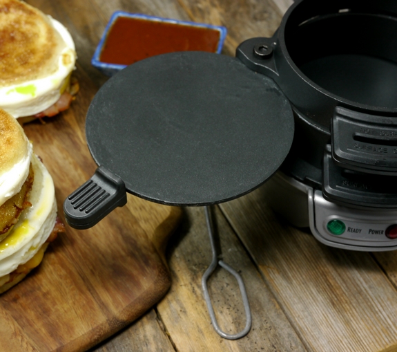 BBQ Bacon Onion Egg and Cheese Breakfast Sandwich pull out egg plate