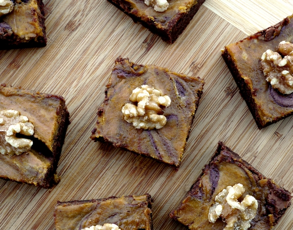 Fudgey Pumpkin Brownies with a swirl