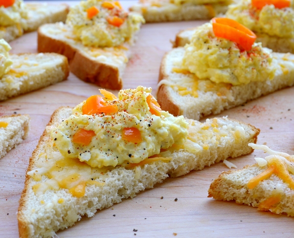Pickled Habanero Deviled Egg Spread on Cheesy Toast chopped jalapeno