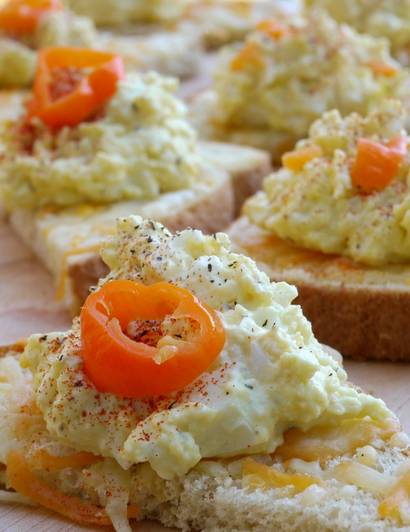 Pickled Habanero Deviled Egg Spread on Cheesy Toast perfect appetizer