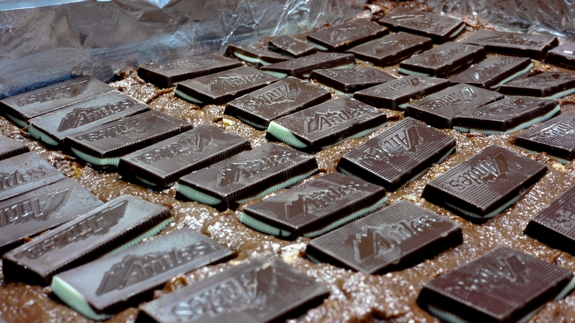 Andes Mint Fudgey Brownies candies pressed into dough