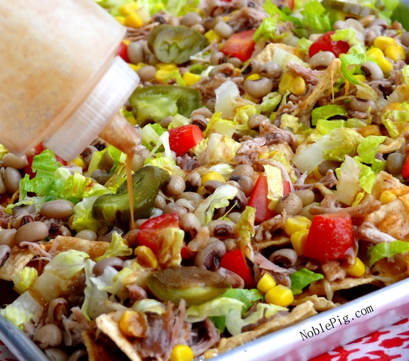 Lucky and Loaded Pulled Pork Black Eyed Peas Nachos good luck food
