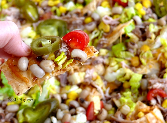 Lucky and Loaded Pulled Pork Black Eyed Peas Nachos good luck