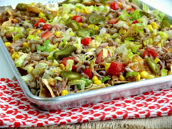 Lucky and Loaded Pulled Pork Black Eyed Peas Nachos