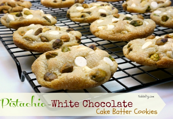 Pistachio White Chocolate Cake Batter Cookies with a special tip on how to make them lofty From Noble Pig 