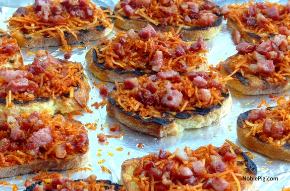 Smokey Cheese and Pancetta Crostini right before the oven