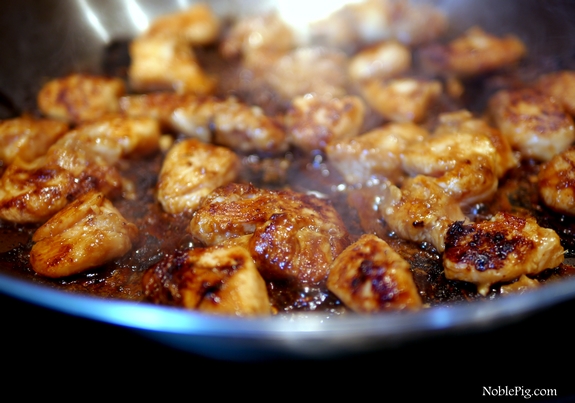 Noble Pig Sticky Asian Chicken Spaghetti frying