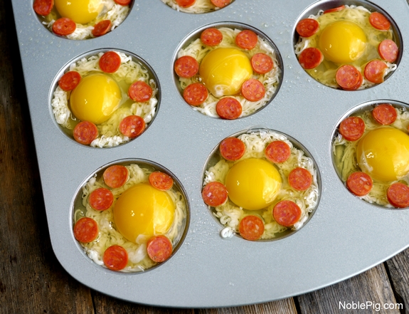 Pepperoni Pizza Baked Eggs Noble Pig pan with eggs