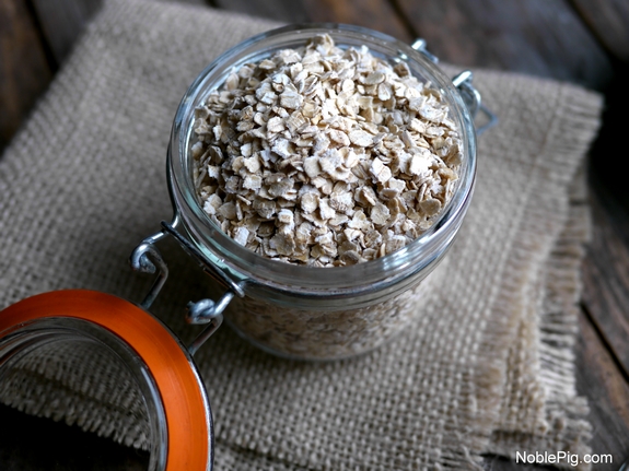 Jar of oatmeal on cloth.