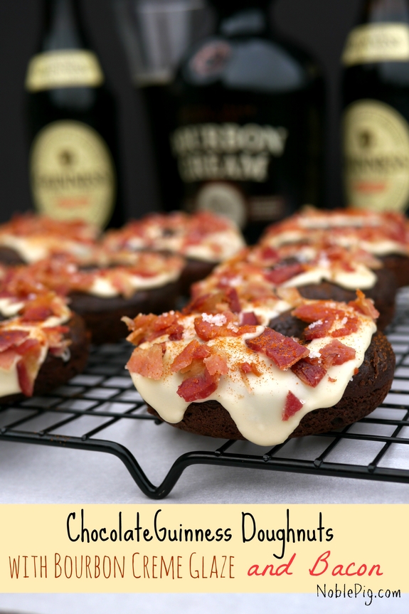 Chocolate Guinness Doughnuts with Bourbon Creme Glaze and Bacon
