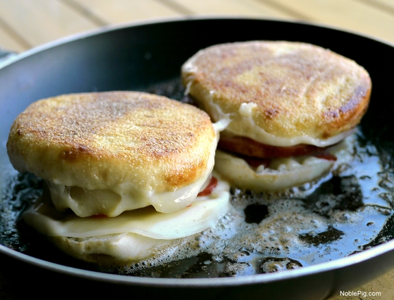 Hawaiian Pizza Grilled Cheese Sandwich English Muffins cooking