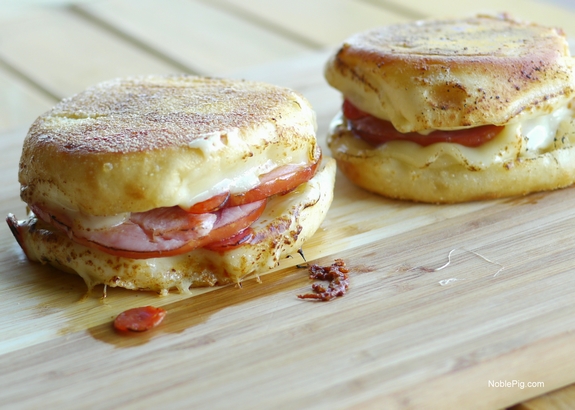 Hawaiian Pizza Grilled Cheese Sandwich English Muffins done