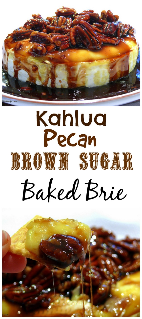 This Kahlua-Pecan-Brown Sugar Baked Brie is going to rock your next party, gathering or celebration. The brie comes out of the oven gooey and oozing and awaiting it’s sweet and delicious topping. It is a must make any time of the year. #noblepig #kahluapecanbrownsugarbakedbrie #kahluabakedbrie #brie #bakedbrie #holidayappetizer #holidayentertaining #easyholidayappetizer #appetizer #easyrecipe #quickappetizer #holidaypartyappetizer #christmasappetizer #holidayfun #holidayfood #kahlua 