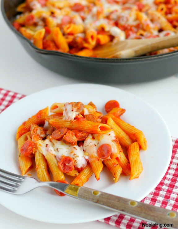Pepperoni Sausage Skillet Bake is so easy to make for a weeknight dinner with the family lots of leftovers too 