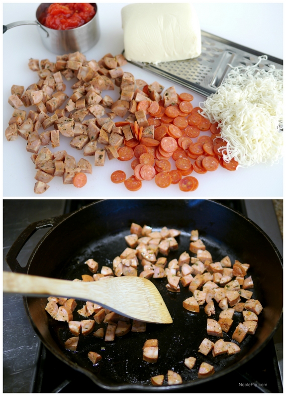 Pepperoni Sausage Skillet Bake is so easy to make for a weeknight meal