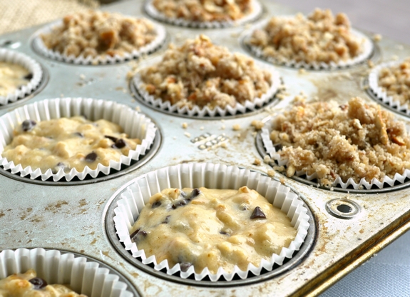 Streuseled Pretzel and Chocolate Chip Muffins the batter