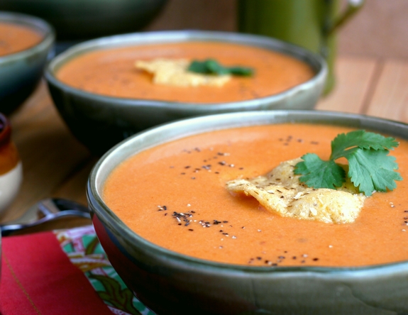 Three bowls of Creamy Tomato Chipotle Soup 