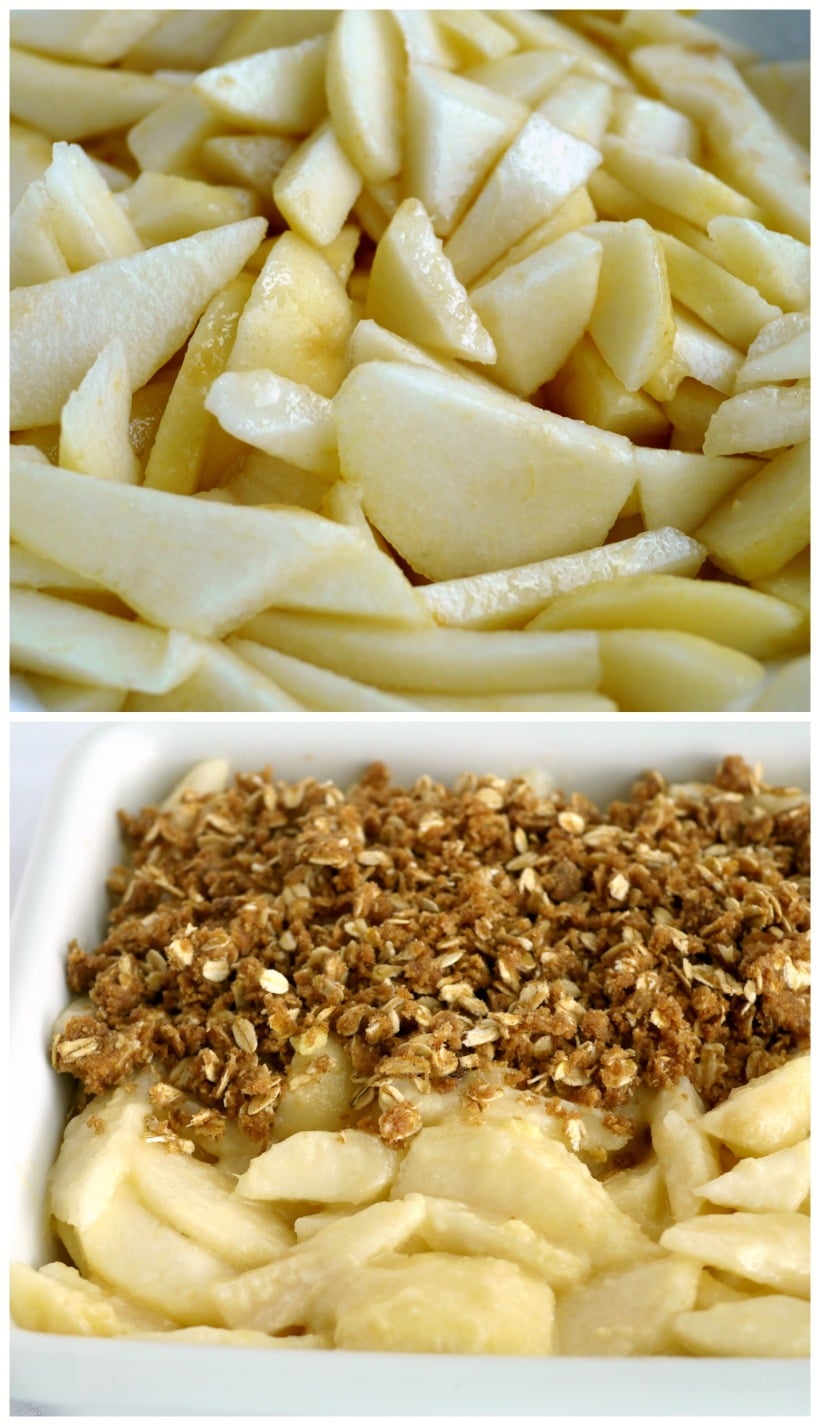 A classic pairing of pears and ginger makes this Pear and Ginger Crumble recipe a dessert you will not soon forget. Serve warm right out of the oven with a scoop of vanilla ice cream for the ultimate treat. Easy enough to make on a weeknight too. Sliced pears and crumble.