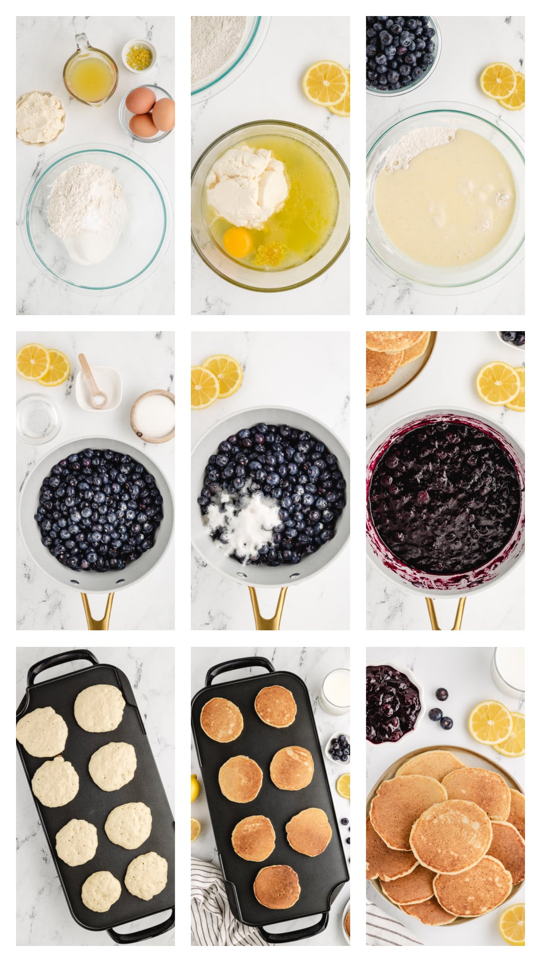 A collage showing key steps of the recipe, from mixing the batter to cooking pancakes on a skillet and finishing with the blueberry sauce.