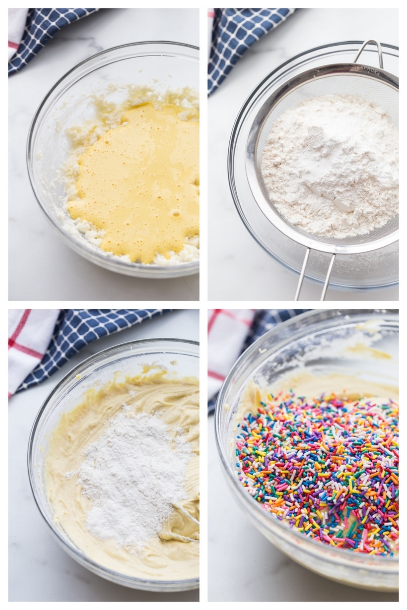 Preparing the batter for firecracker cupcakes, from whipped yolks to folding in sprinkles.