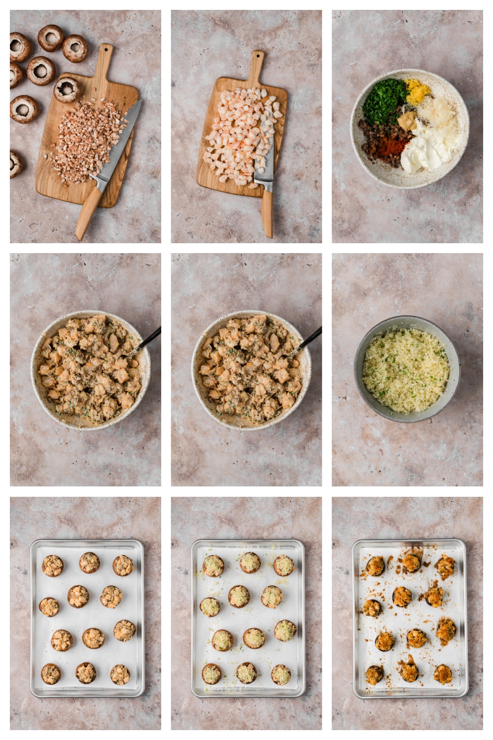 Steps for making stuffed mushrooms with shrimp, from preparing the caps and filling to adding Parmesan panko