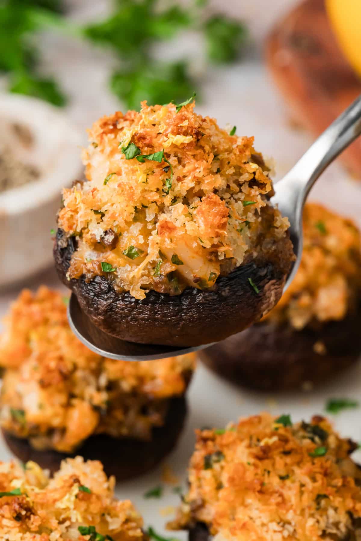 Stuffed mushroom with visible shrimp filling and crisp Parmesan panko topping