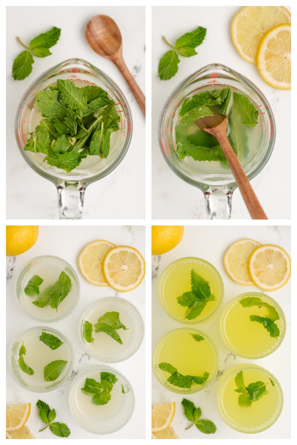 how to make limoncello lemonade with mint by muddling lemon and mint, then dividing into glasses