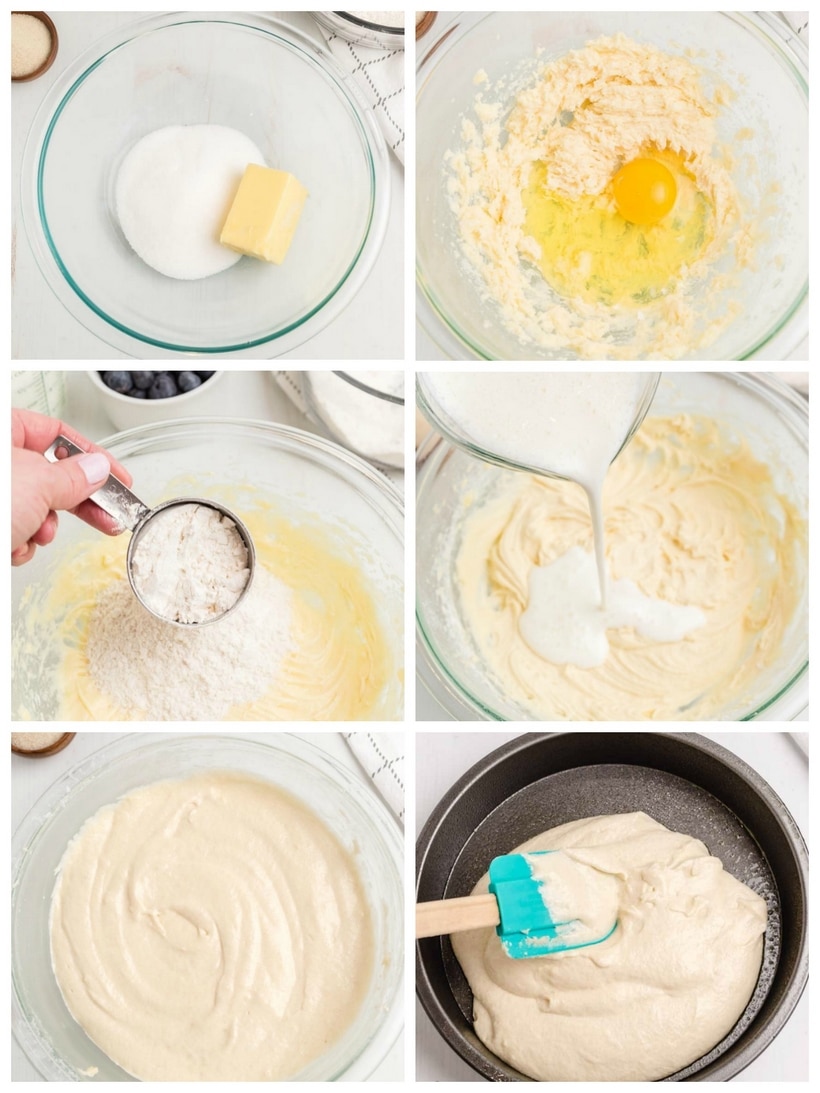 Step-by-step collage showing how to mix the blueberry coffee cake batter