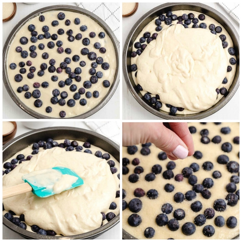 Step-by-step collage of batter being layered with blueberries in the cake pan