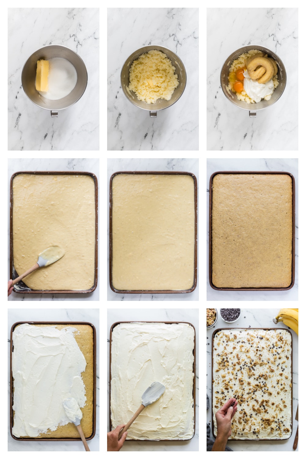 how to make Banana Sheet Cake with Cream Cheese Sour Cream Frosting Step-by-step collage showing how to make banana sheet cake with cream cheese sour cream frosting.