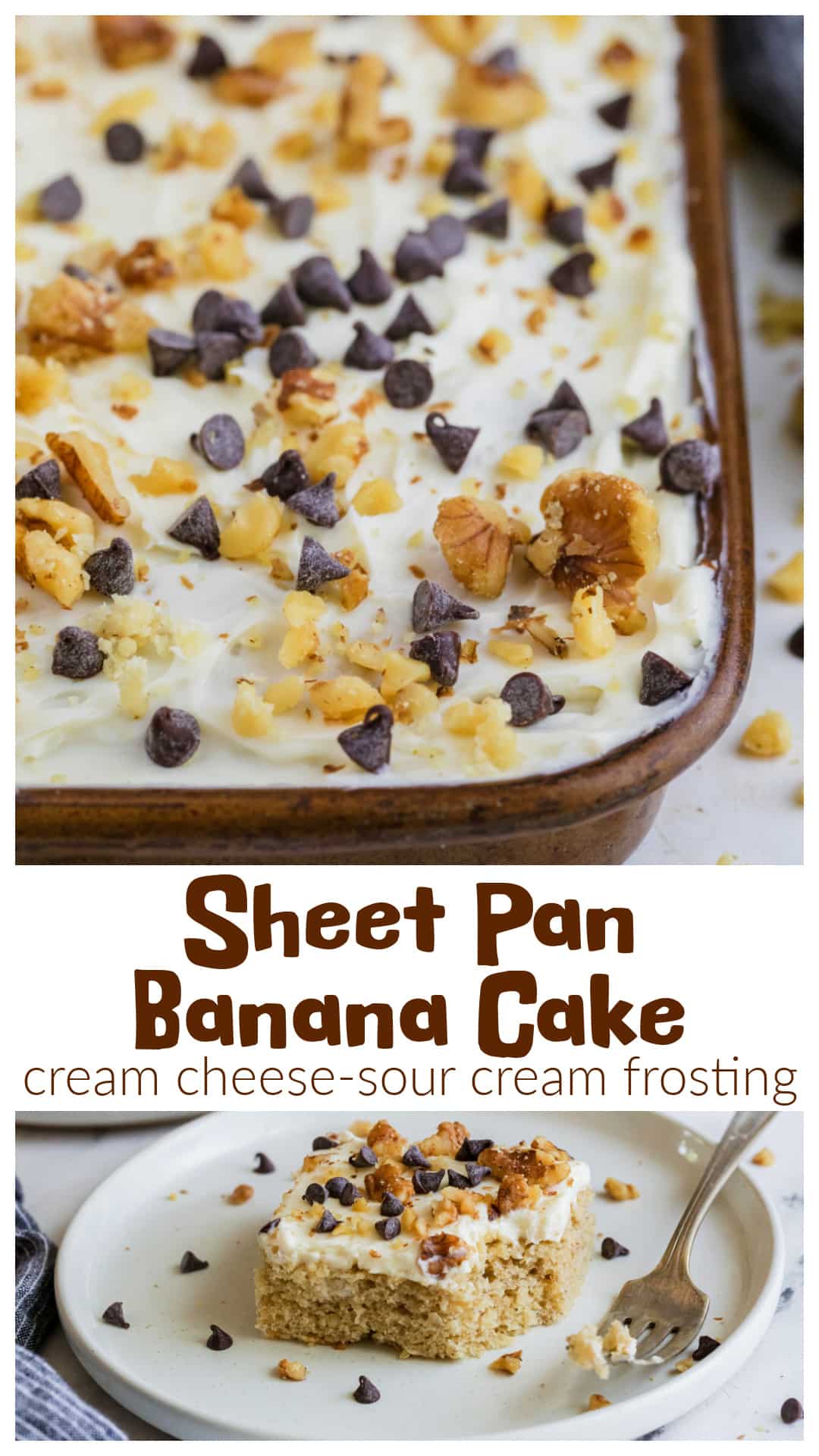 Soft, moist, and full of banana flavor, this Banana Sheet Cake with Cream Cheese Sour Cream Frosting is perfect for using up ripe bananas. Baked in a sheet pan and topped with a tangy cream cheese frosting, it’s easy to make and great for parties, birthdays, or anytime you’re craving banana cake. Garnish with walnuts and chocolate chips or keep it simple. This frosted banana cake is a keeper. via @cmpollak1