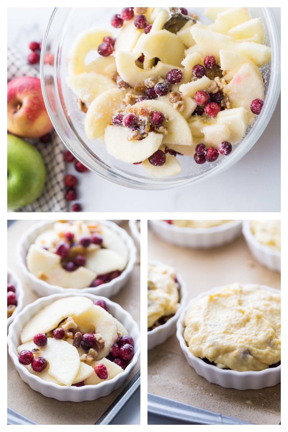 Collage showing steps to prepare cranberry apple cobbler in individual dishes.
