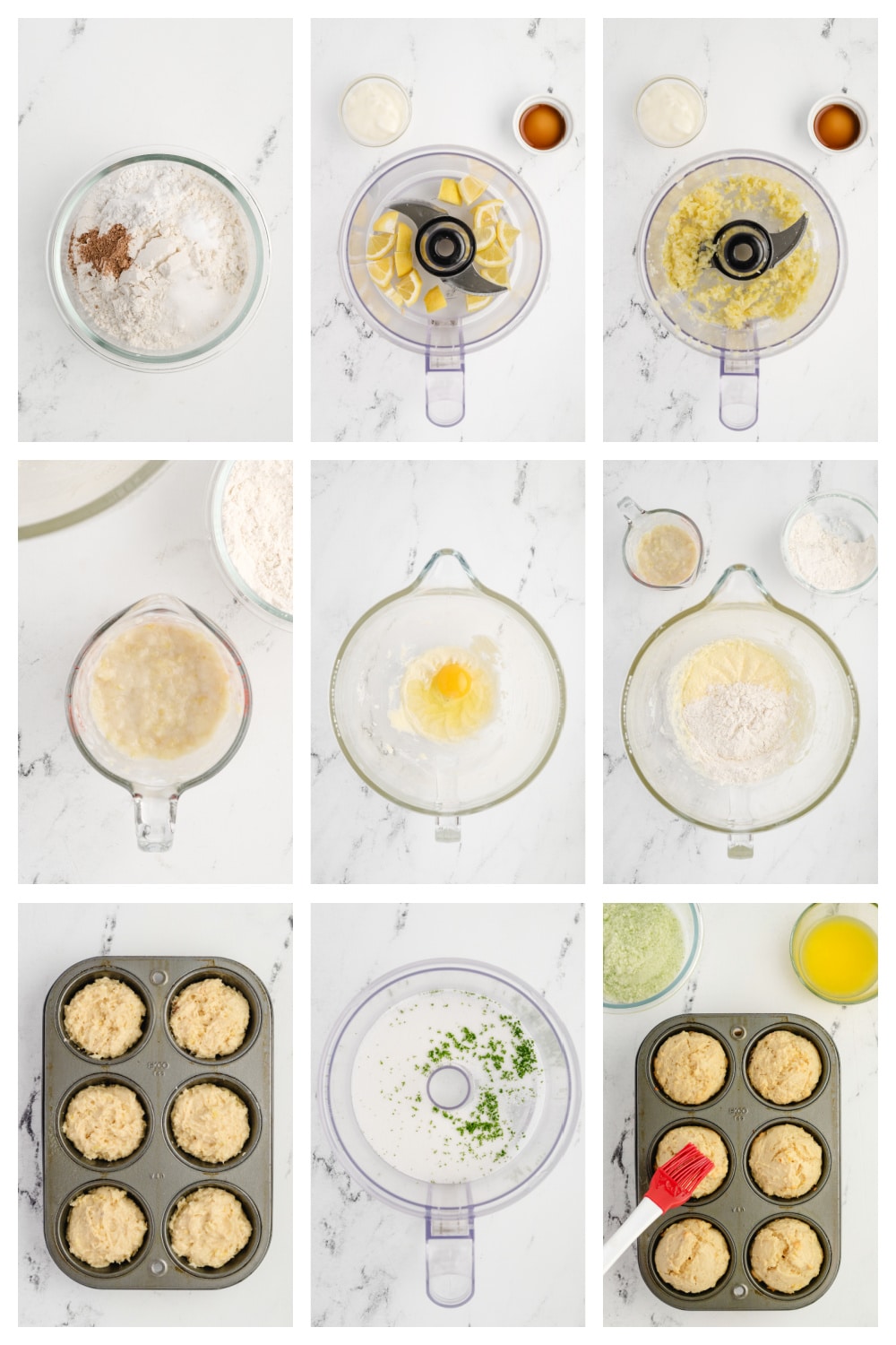 How to make Lemon Muffins with Lime-Scented Sugar Step-by-step collage showing the process from mixing the batter to rolling muffins in sugar