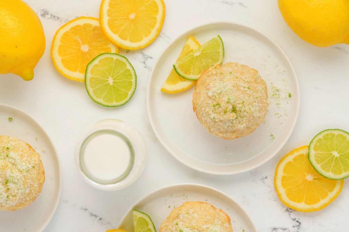 Lemon Muffins with Lime-Scented Sugar top view Overhead shot of finished lemon muffins with lime-scented sugar coating